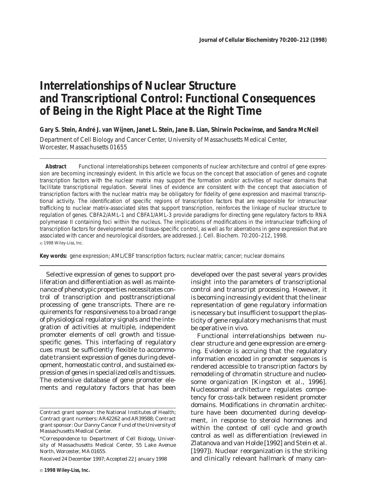 Interrelationships of nuclear structure and transcriptional control: Functional consequences of being in the right place at the right time by Unknown