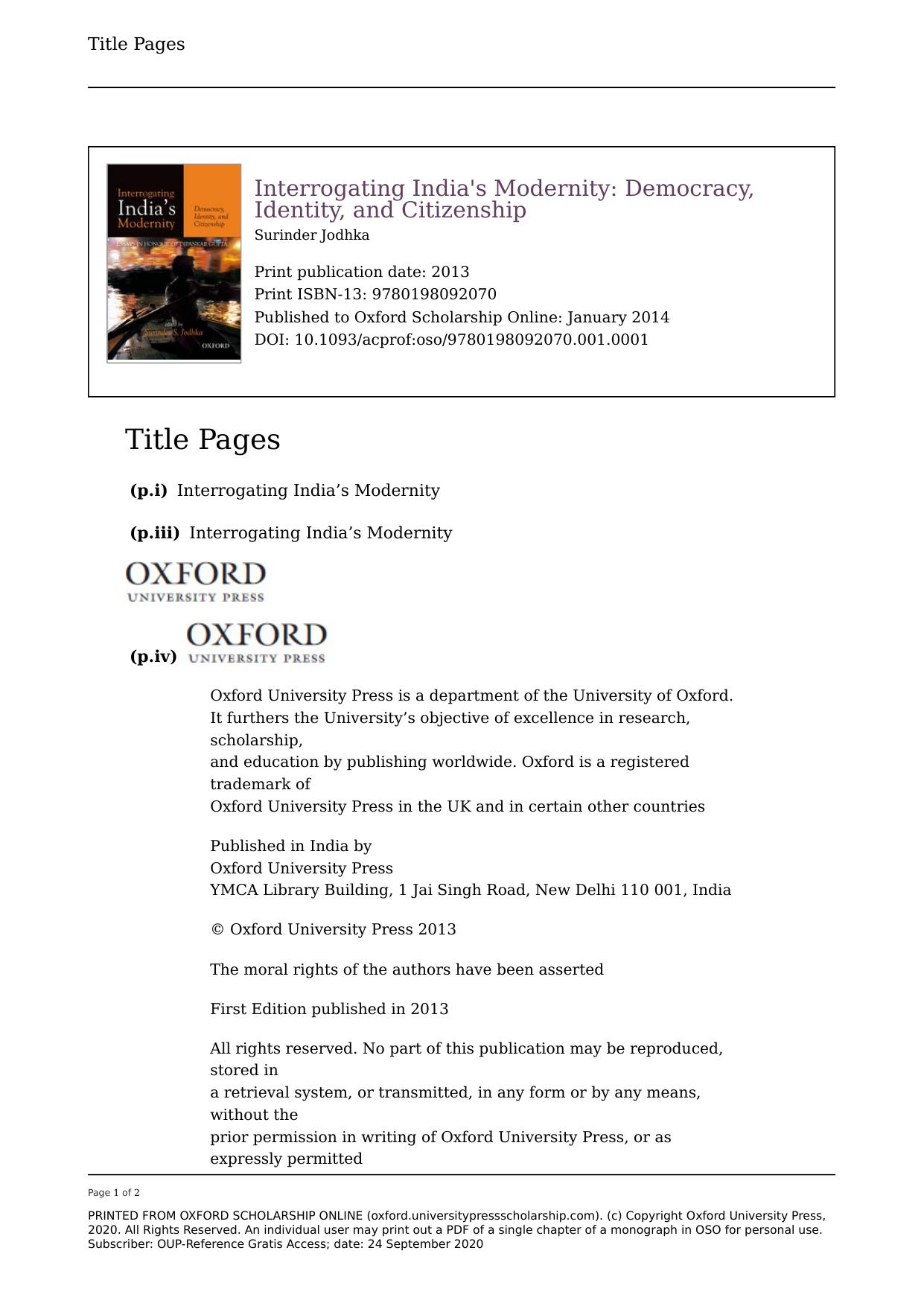 Interrogating India's Modernity: Democracy, Identity, and Citizenship by Surinder Jodhka (editor)