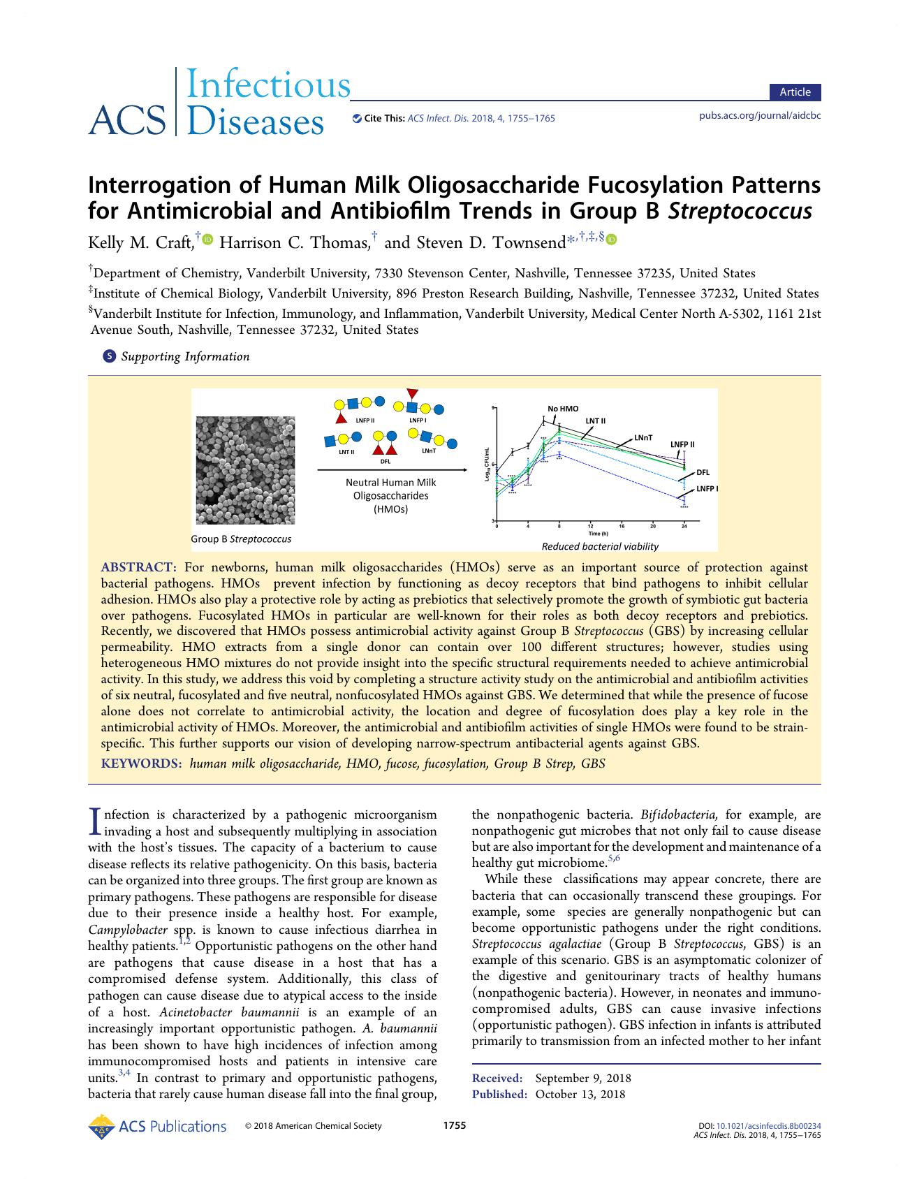 Interrogation of Human Milk Oligosaccharide Fucosylation Patterns for Antimicrobial and Antibiofilm Trends in Group B Streptococcus by Kelly M. Craft; Harrison C. Thomas; Steven D. Townsend & Harrison C. Thomas & Steven D. Townsend