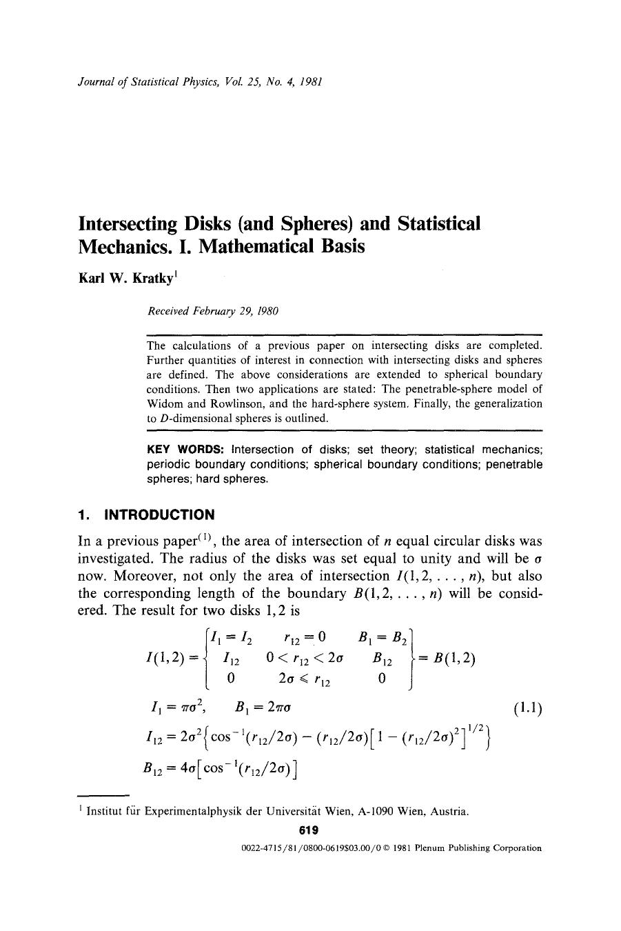 Intersecting disks (and spheres) and statistical mechanics. I. Mathematical basis by Unknown