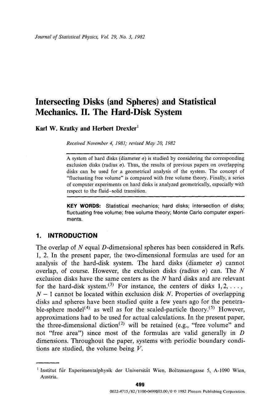 Intersecting disks (and spheres) and statistical mechanics. II. the hard-disk system by Unknown