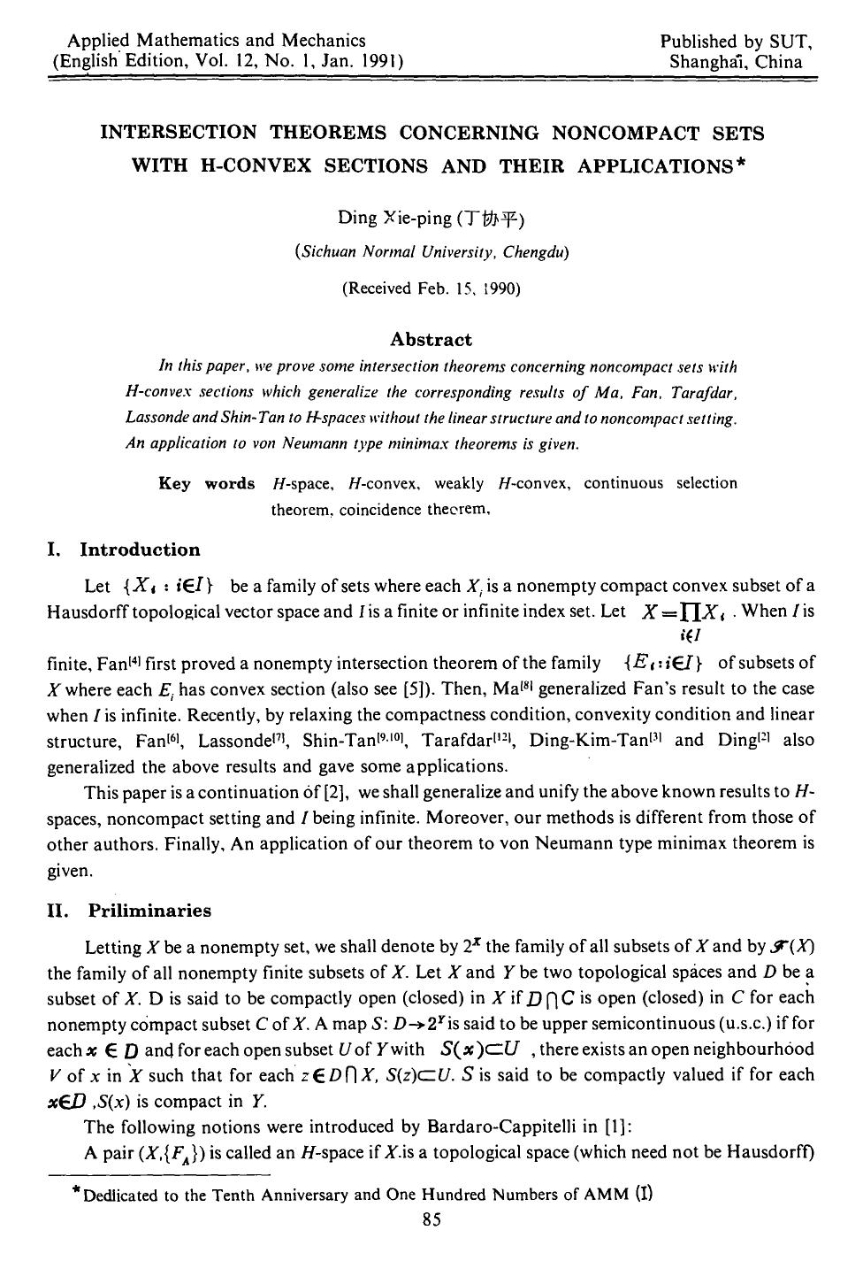 Intersection theorems concerning noncompact sets with H-convex sections and their applications by Unknown