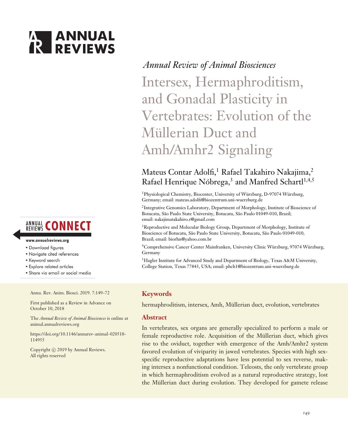 Intersex, Hermaphroditism, and Gonadal Plasticity in Vertebrates: Evolution of the Müllerian Duct and AmhAmhr2 Signaling by Mateus Contar Adolfi Rafael Takahiro Nakajima Rafael Henrique Nóbrega Manfred Schartl