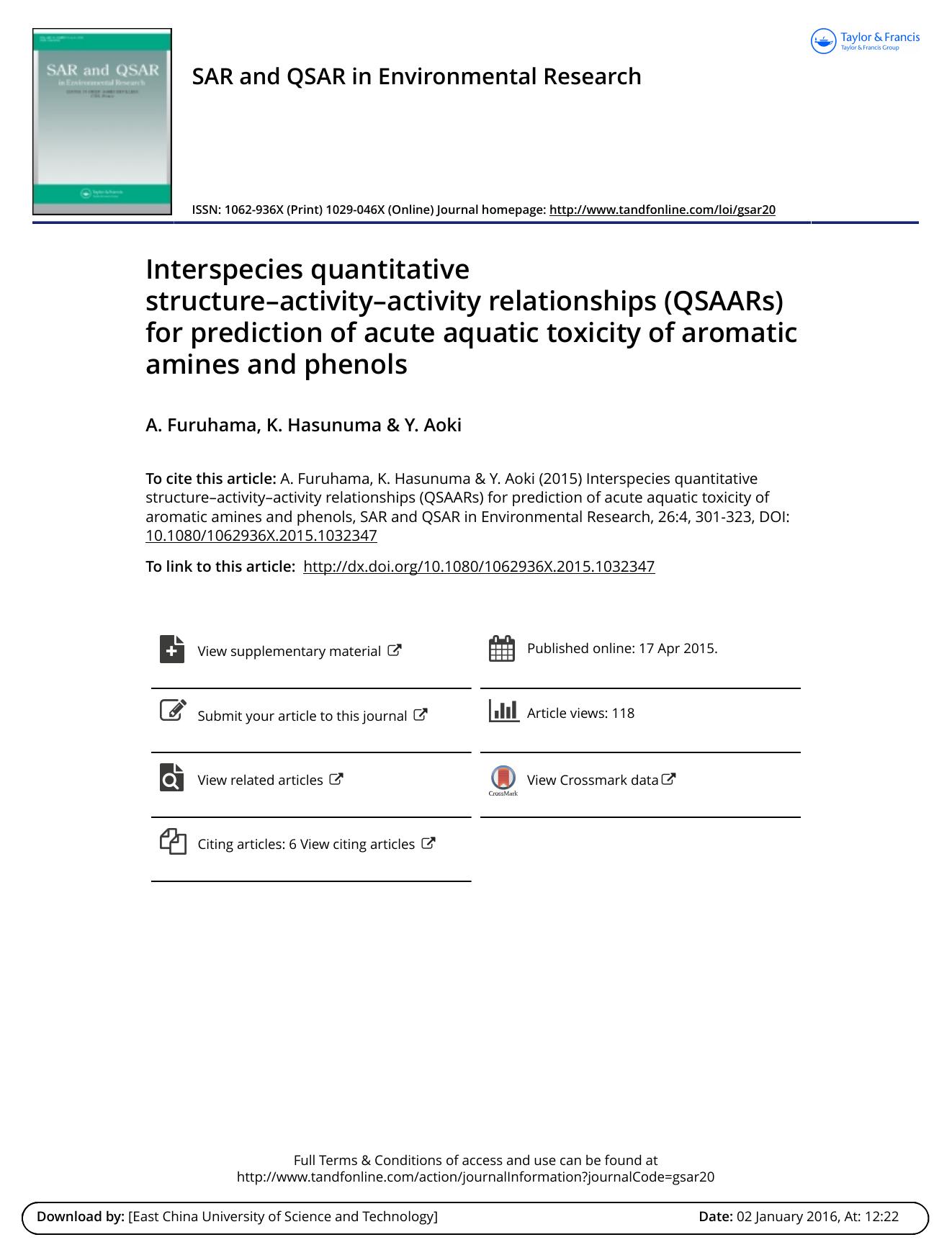 Interspecies quantitative structureâactivityâactivity relationships (QSAARs) for prediction of acute aquatic toxicity of aromatic amines and phenols by A. Furuhama