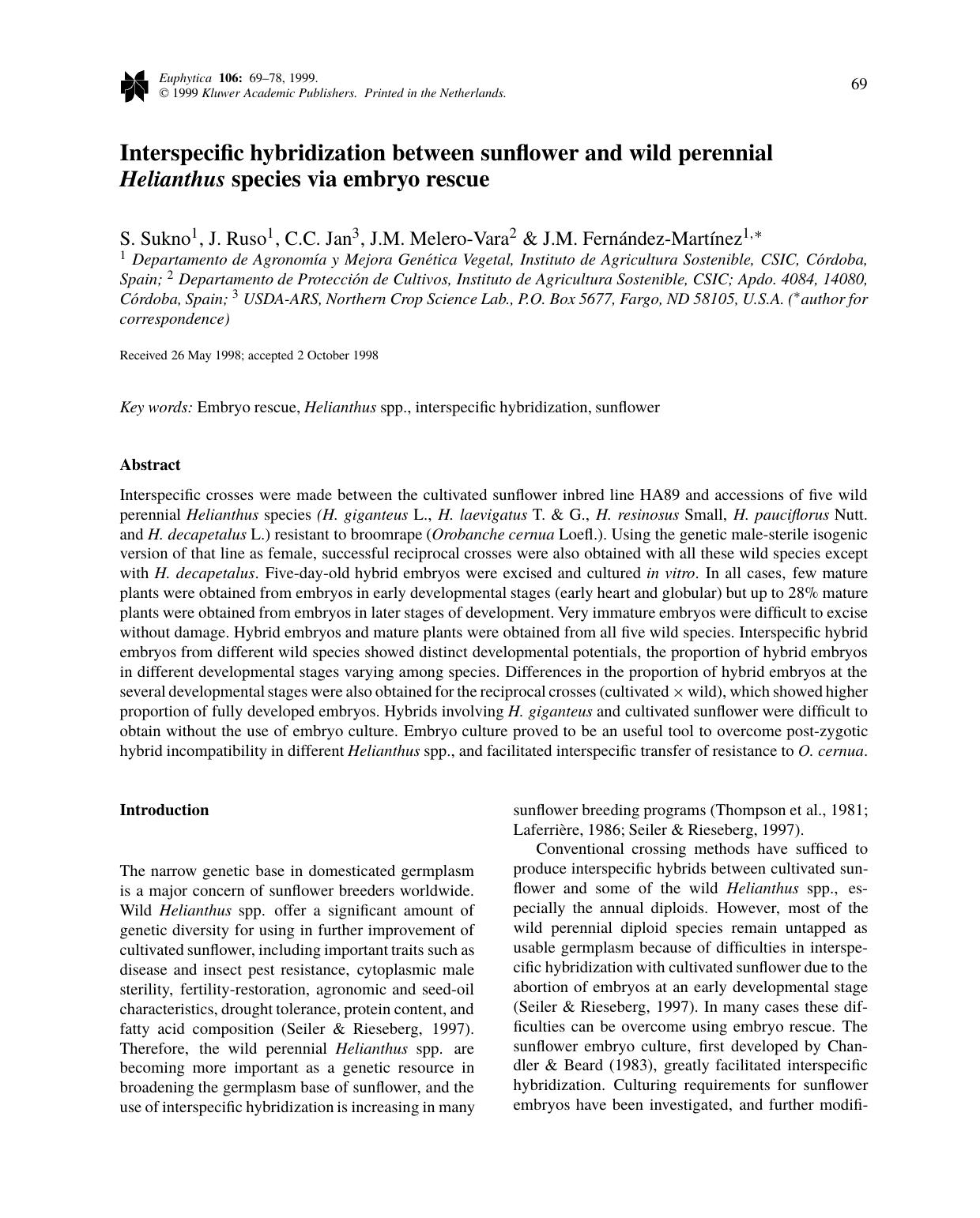 Interspecific hybridization between sunflower and wild perennial Helianthus species via embryo rescue by Unknown