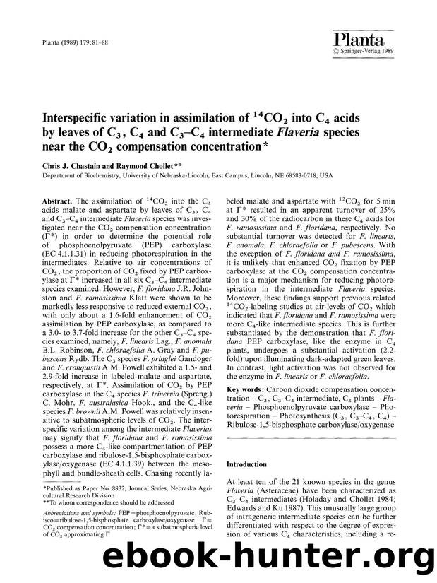 Interspecific variation in assimilation of <Superscript>14<Superscript>CO<Subscript>2<Subscript> into C<Subscript>4<Subscript> acids by leaves of C<Subscript>3<Subscript>, C<Subscr by Unknown