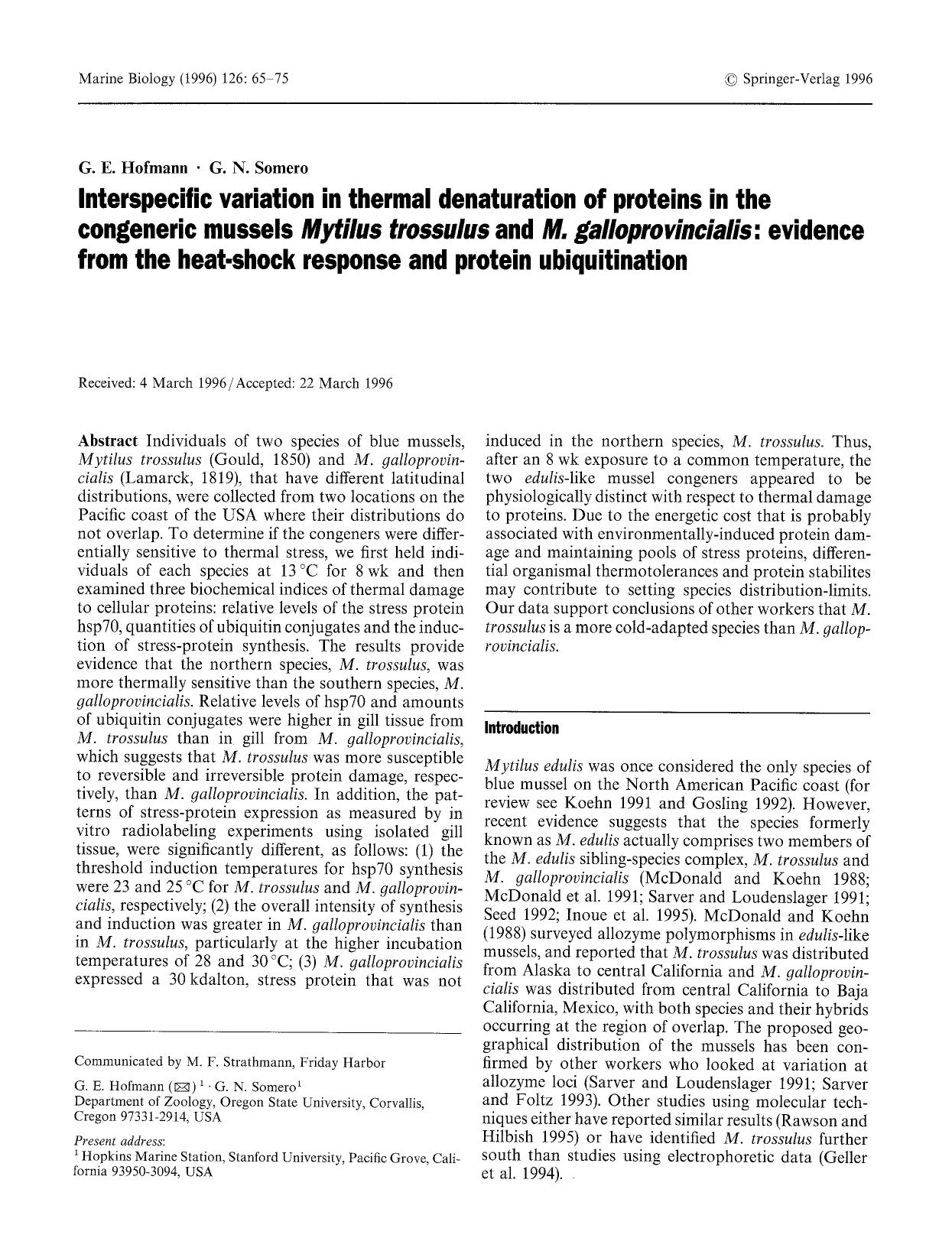 Interspecific variation in thermal denaturation of proteins in the congeneric mussels <Emphasis Type="Italic">Mytilus trossulus <Emphasis> and <Emphasis Type="Italic">M. galloprovi by Unknown