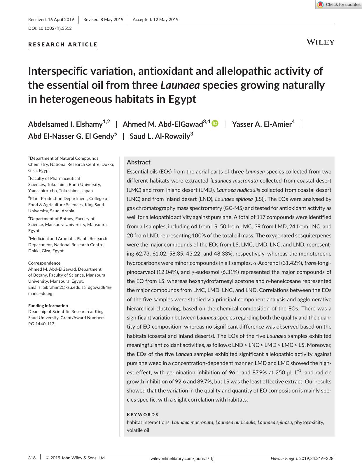 Interspecific variation, antioxidant and allelopathic activity of the essential oil from three Launaea species growing naturally in heterogeneous habitats in Egypt by Unknown