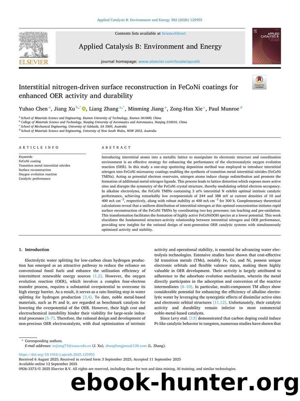 Interstitial nitrogen-driven surface reconstruction in FeCoNi coatings for enhanced OER activity and durability by Yuhao Chen & Jiang Xu & Liang Zhang & Minming Jiang & Zong-Han Xie & Paul Munroe