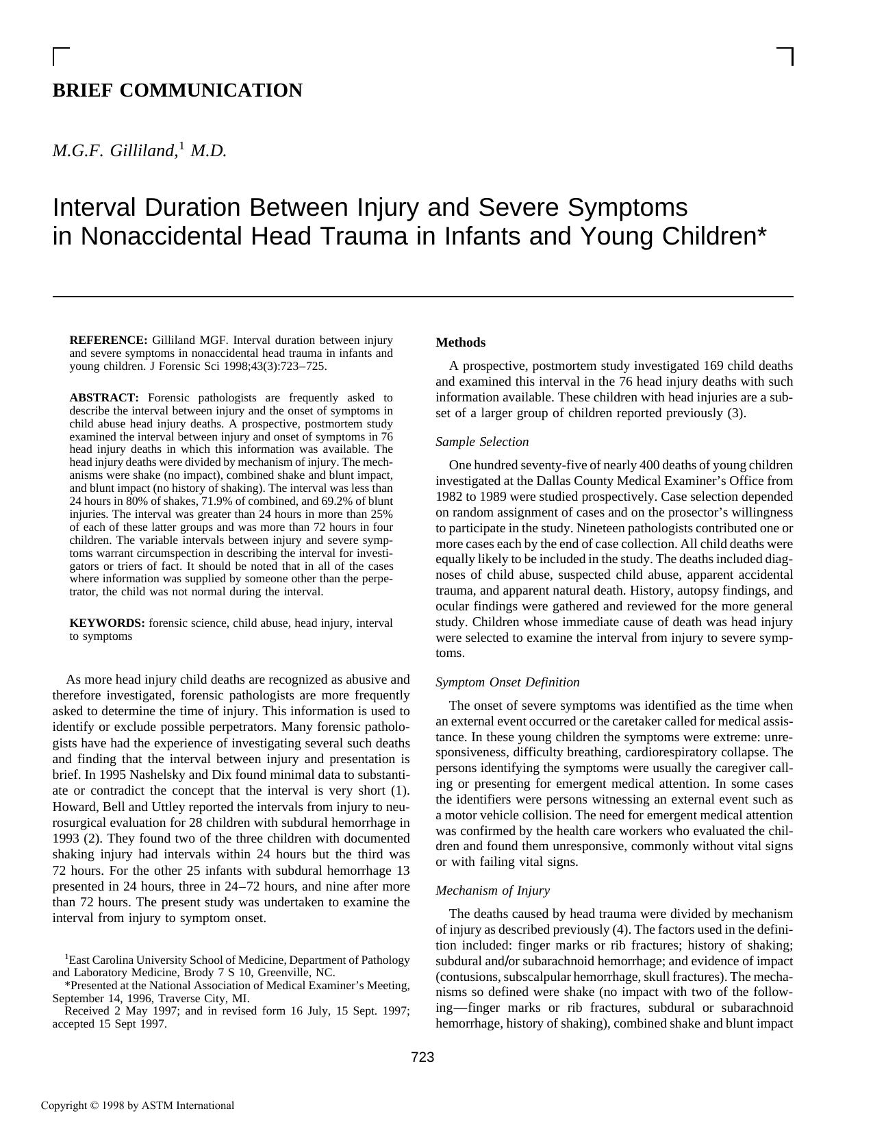 Interval duration between injury and severe symptoms in nonaccidental head trauma in infants and young children by Gilliland MGF