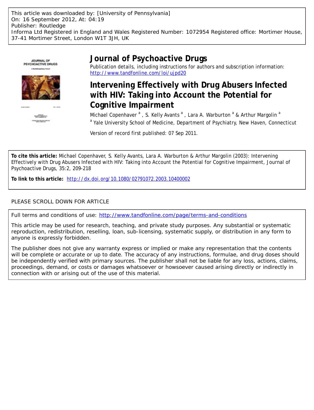 Intervening Effectively with Drug Abusers Infected with HIV: Taking into Account the Potential for Cognitive Impairment by unknow