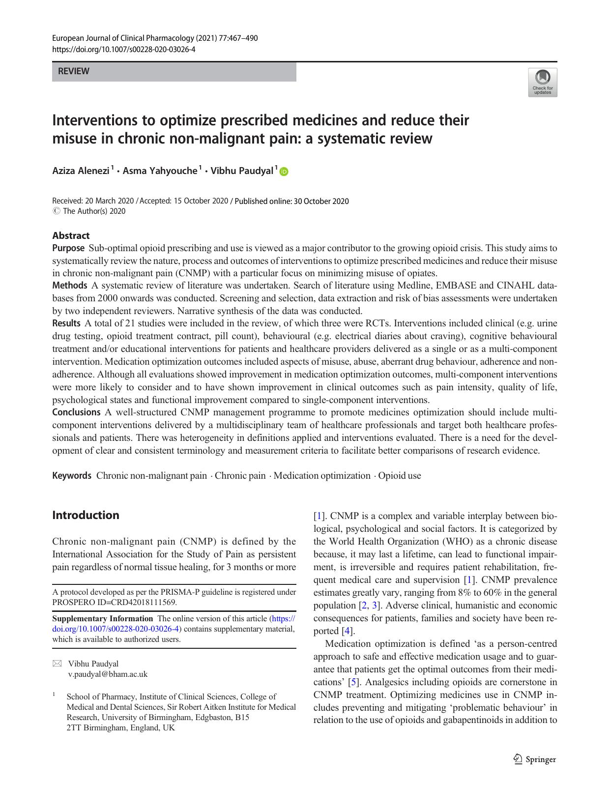 Interventions to optimize prescribed medicines and reduce their misuse in chronic non-malignant pain: a systematic review by Aziza Alenezi & Asma Yahyouche & Vibhu Paudyal