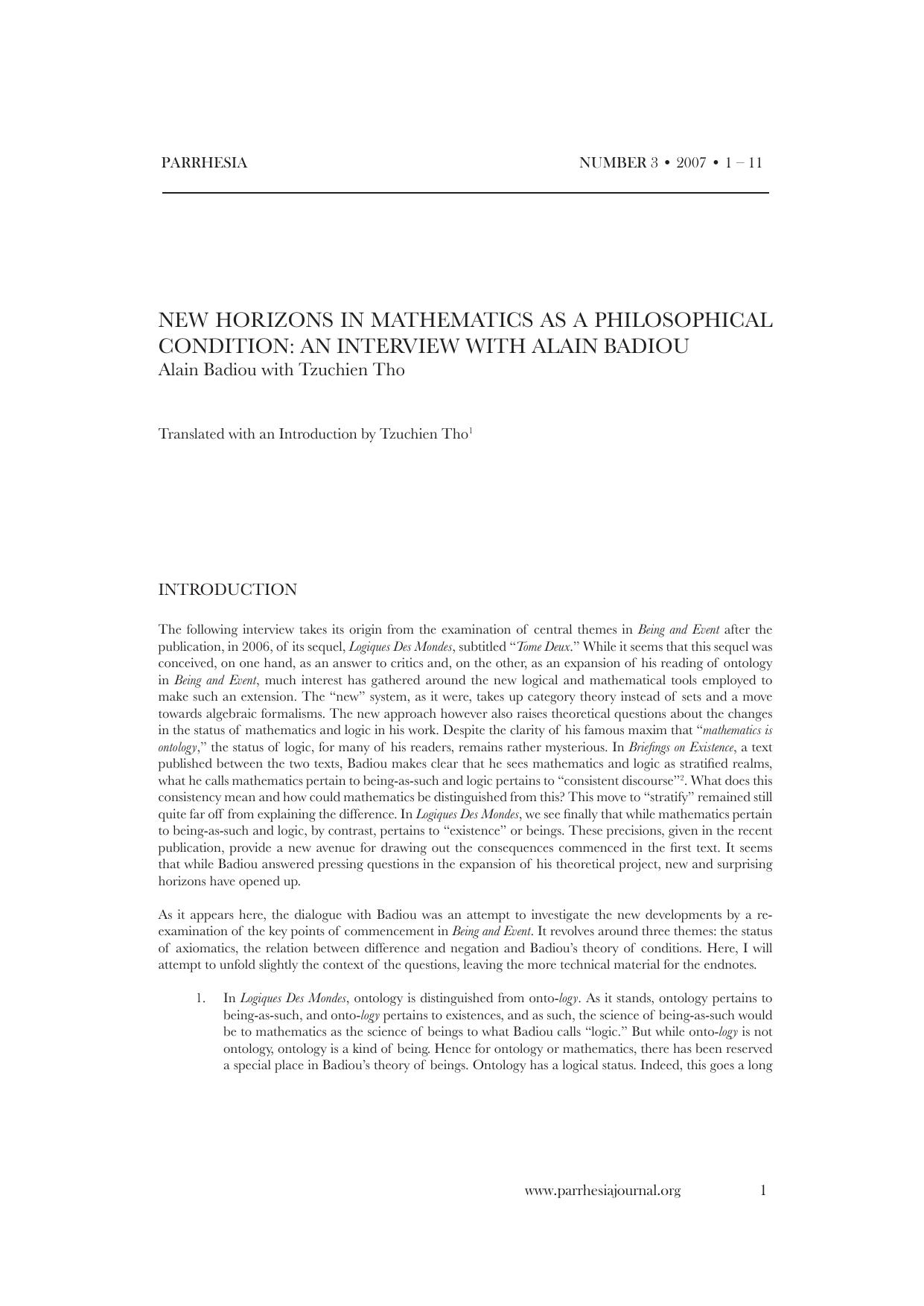 Interview [New Horizons In Mathematics As A Philosophical Condition] by Unknown
