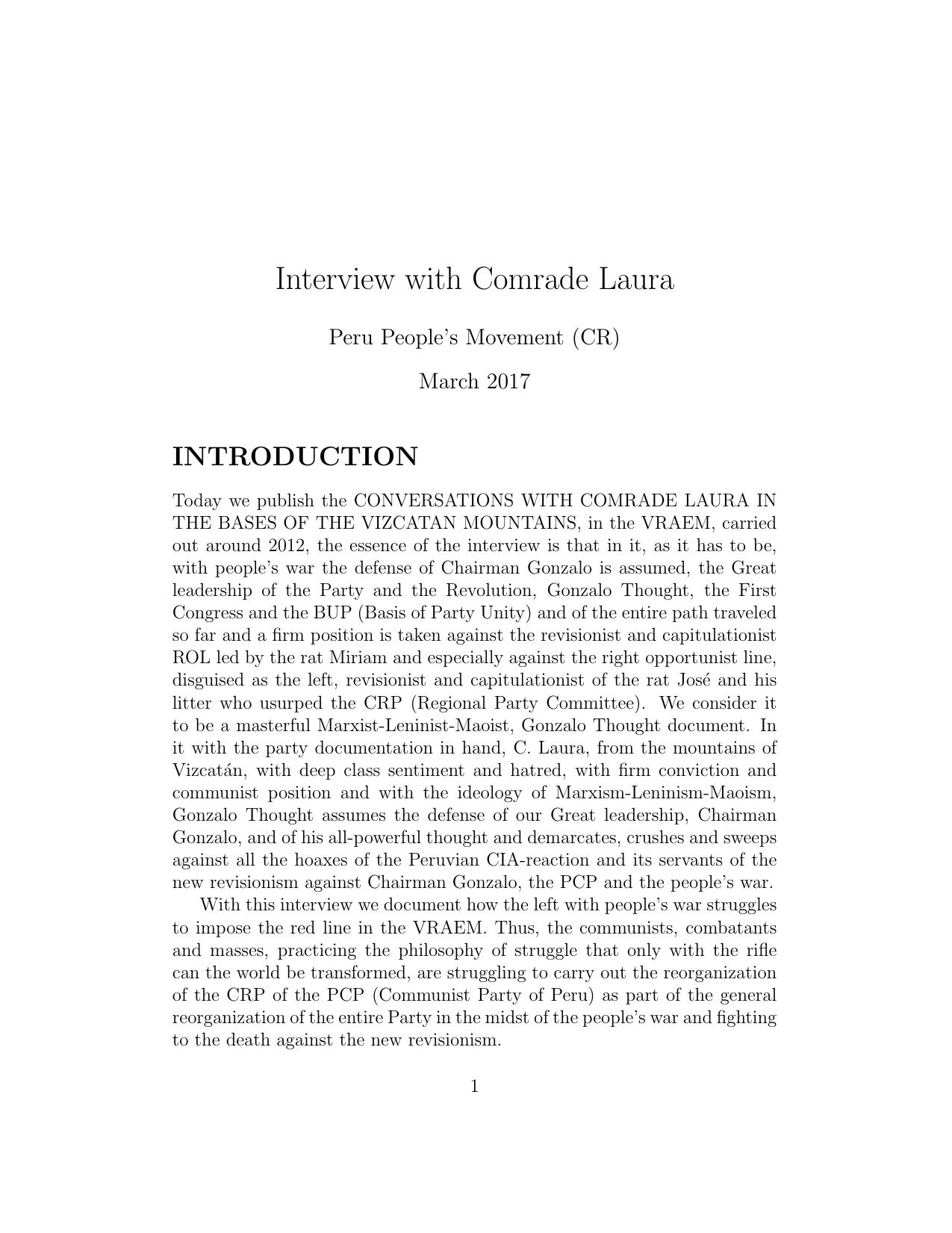 Interview with Comrade Laura by Peru People's Movement (CR)