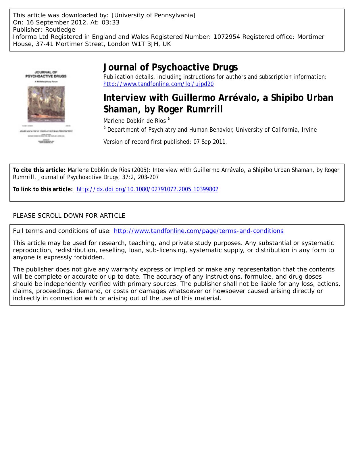 Interview with Guillermo ArrÃ©valo, a Shipibo Urban Shaman, by Roger Rumrrill by Marlene Dobkin de Rios a