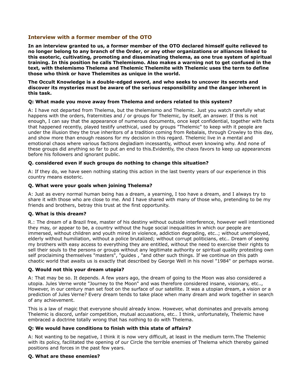 Interview with a Former Brazilian OTO Member by Unknown