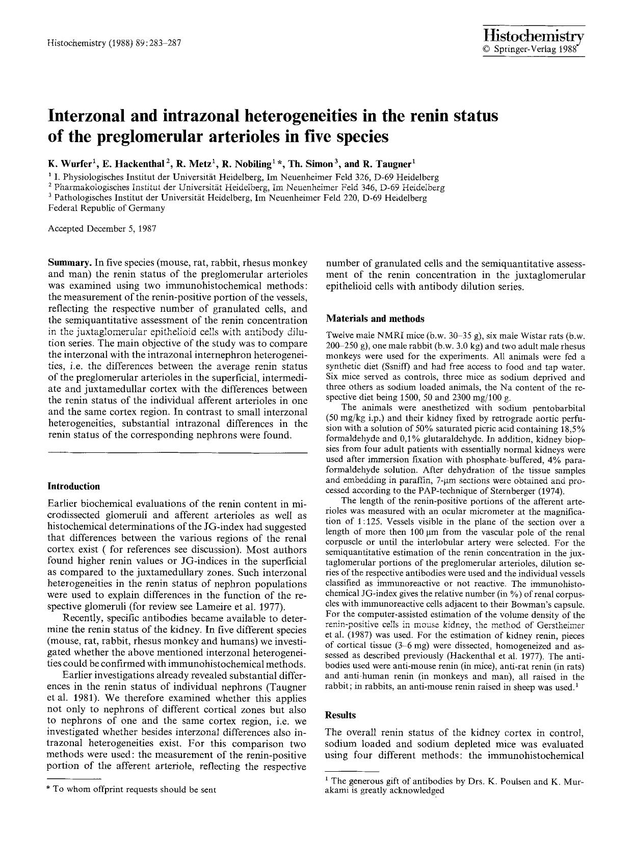 Interzonal and intrazonal heterogeneities in the renin status of the preglomerular arterioles in five species by Unknown