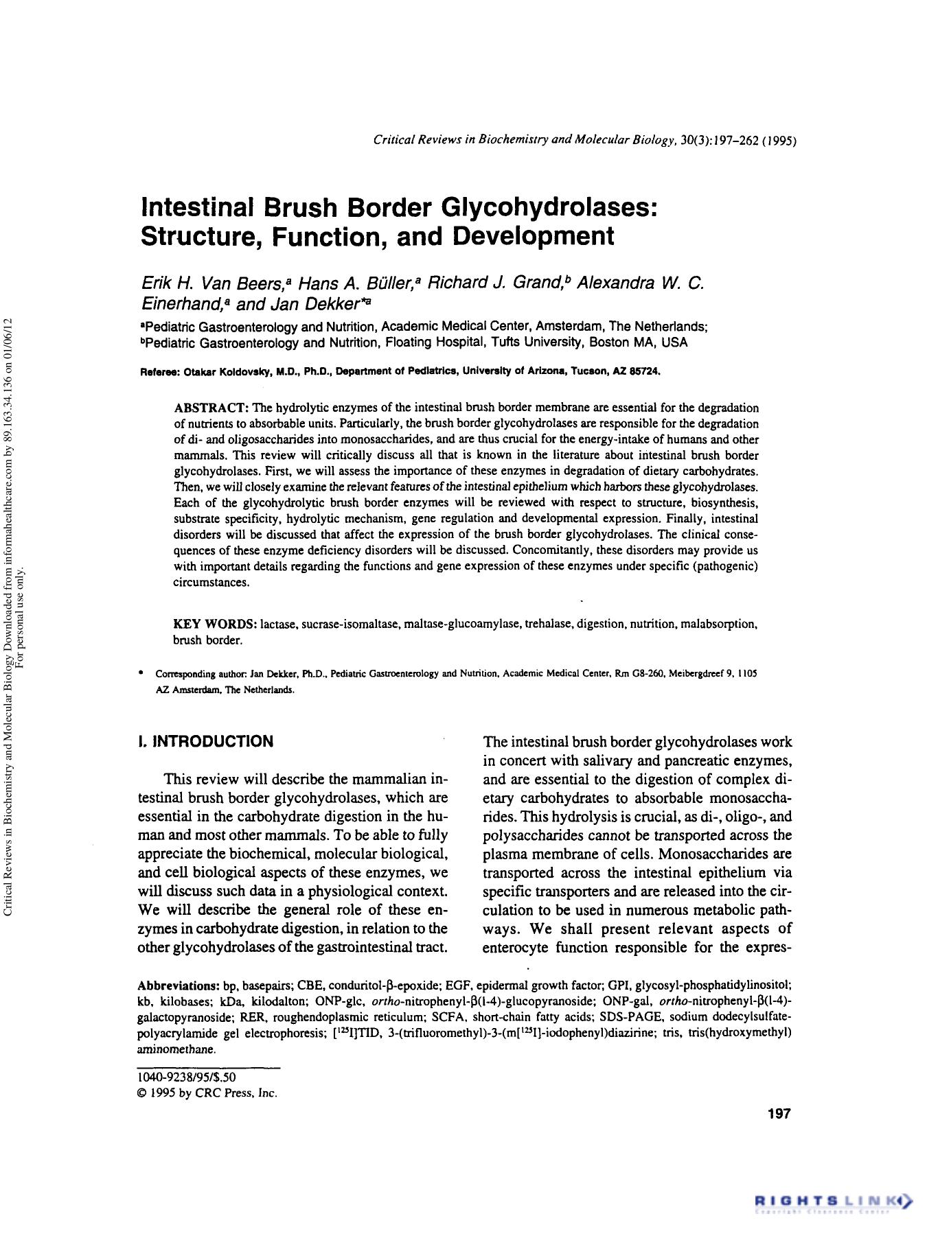 Intestinal Brush Border Glycohydrolases: Structure, Function, and Development by Erik H. Van Beers Hans A. Büller Richard J. Grand Alexandra W. C. Einerhand & Jan Dekker