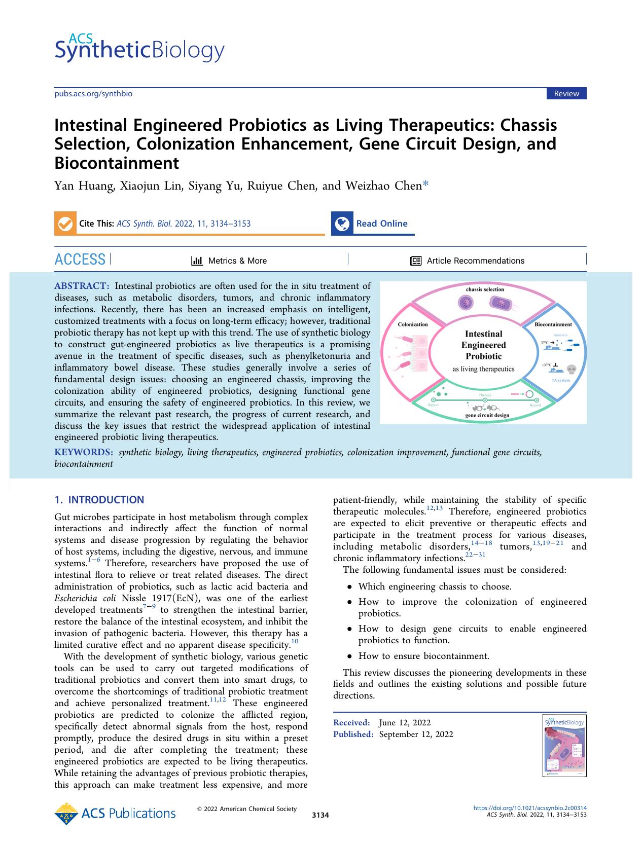 Intestinal Engineered Probiotics as Living Therapeutics: Chassis Selection, Colonization Enhancement, Gene Circuit Design, and Biocontainment by Yan Huang Xiaojun Lin Siyang Yu Ruiyue Chen and Weizhao Chen