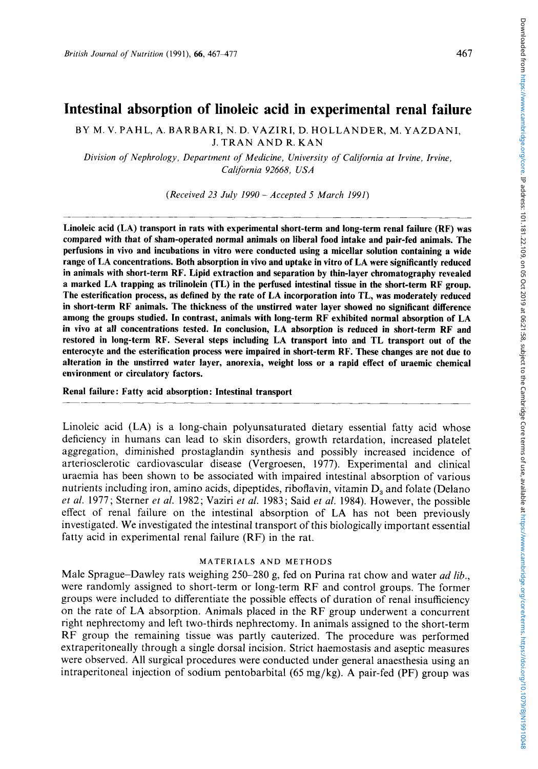 Intestinal absorption of linoleic acid in experimental renal failure by M. V. Pahl A. Barbari N. D. Vaziri D. Hollander M. Yazdani J. Tran & R. Kan