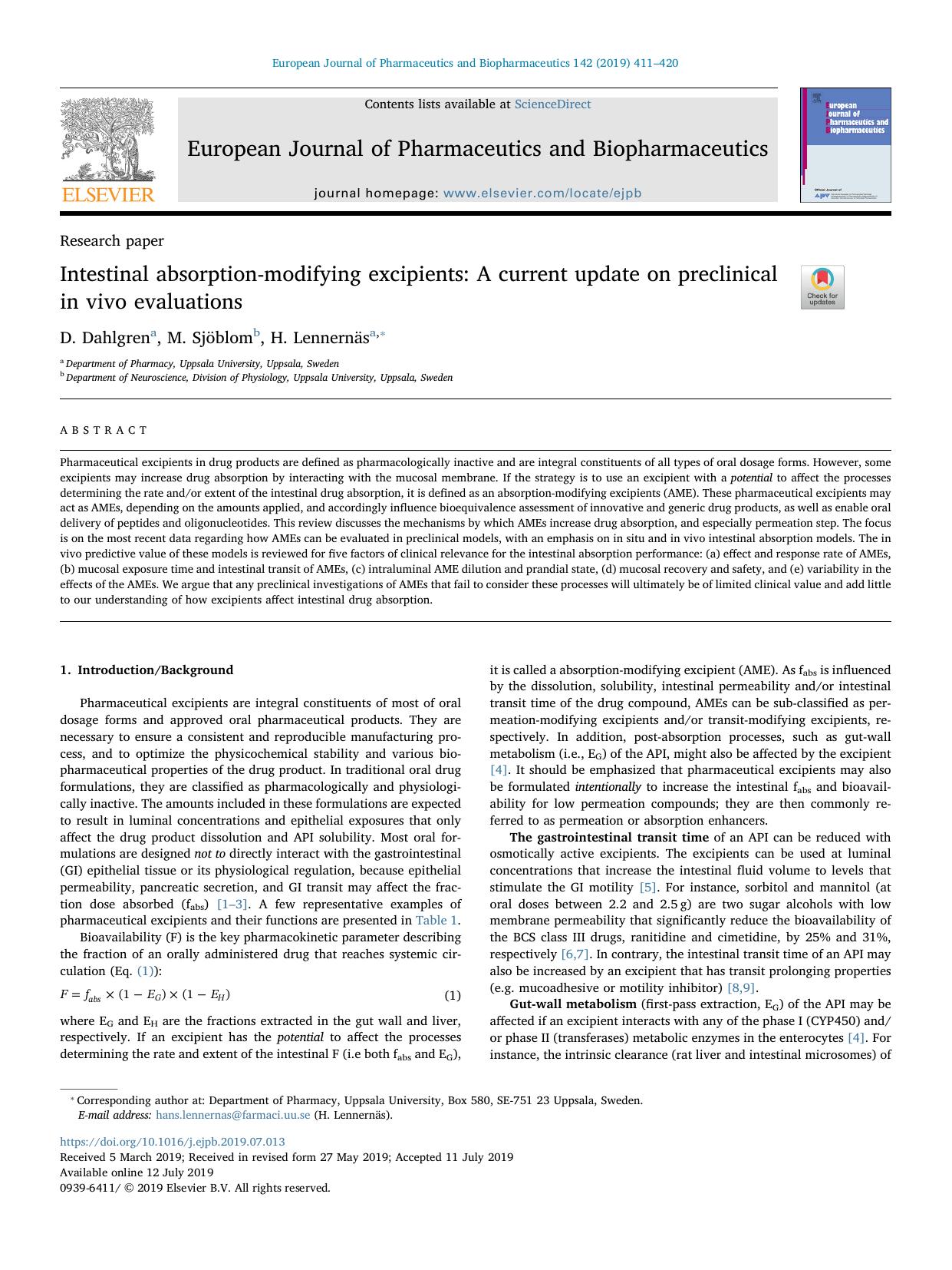 Intestinal absorption-modifying excipients_ A current update on preclinical in vivo evaluations by D. Dahlgren & M. Sjöblom & H. Lennernäs