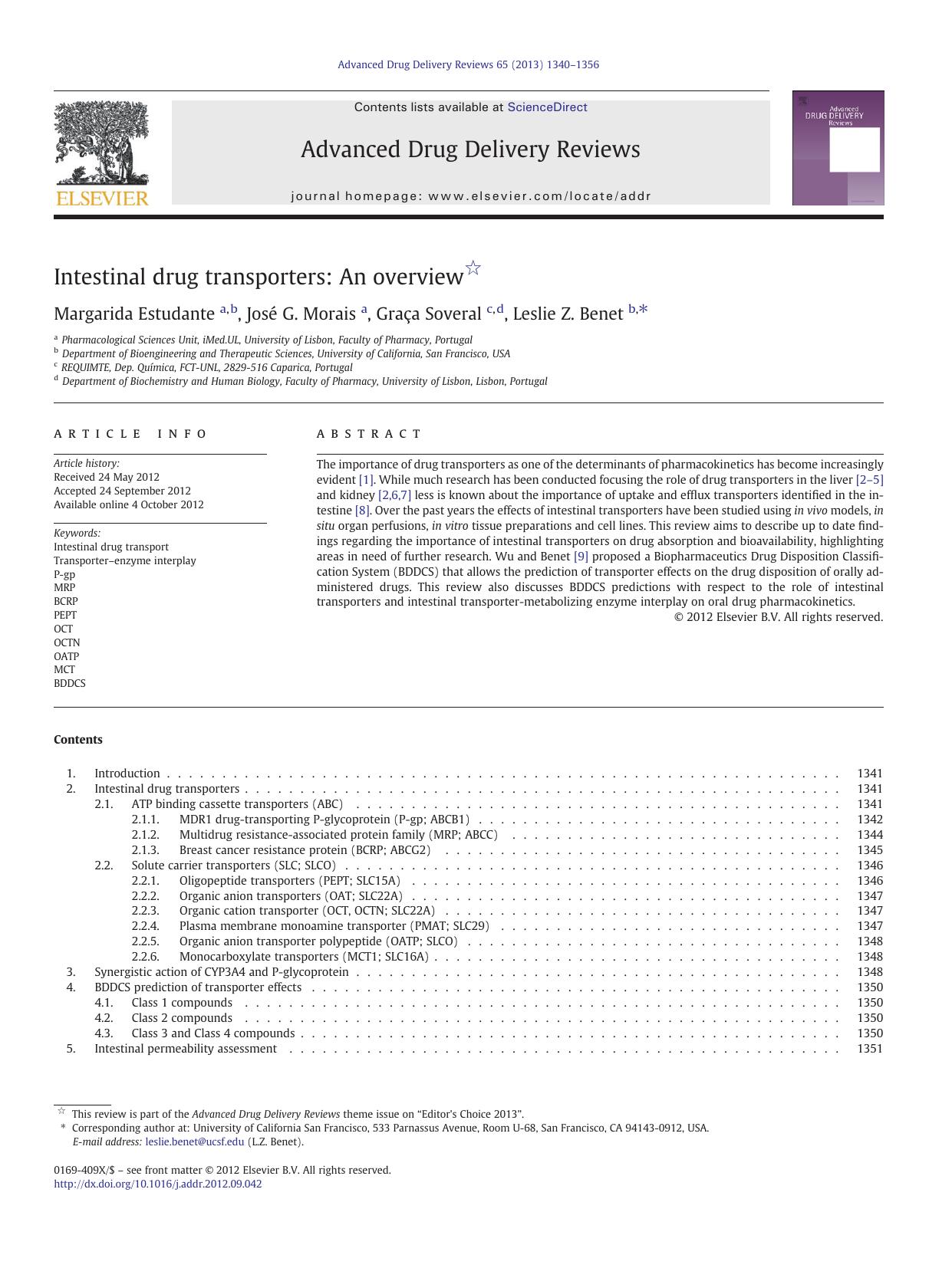Intestinal drug transporters: An overview by Margarida Estudante & José G. Morais & Graça Soveral & Leslie Z. Benet