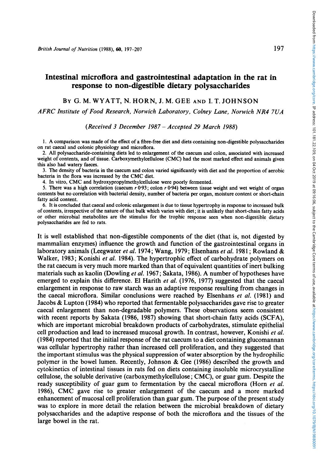 Intestinal microflora and gastrointestinal adaptation in the rat in response to non-digestible dietary polysaccharides by G. M. Wyatt N. Horn J. M. Gee & I. T. Johnson