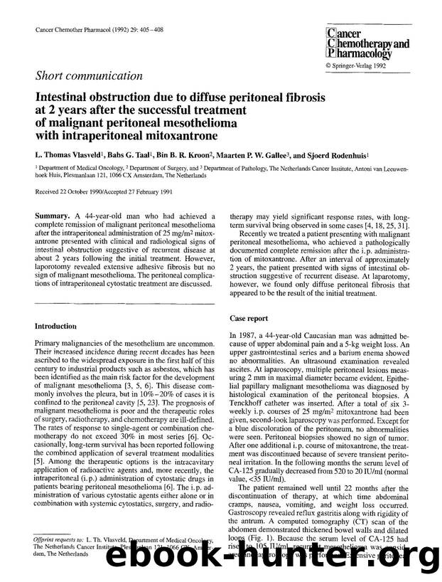 Intestinal obstruction due to diffuse peritoneal fibrosis at 2 years after the successful treatment of malignant peritoneal mesothelioma with intraperitoneal mitoxantrone by Unknown