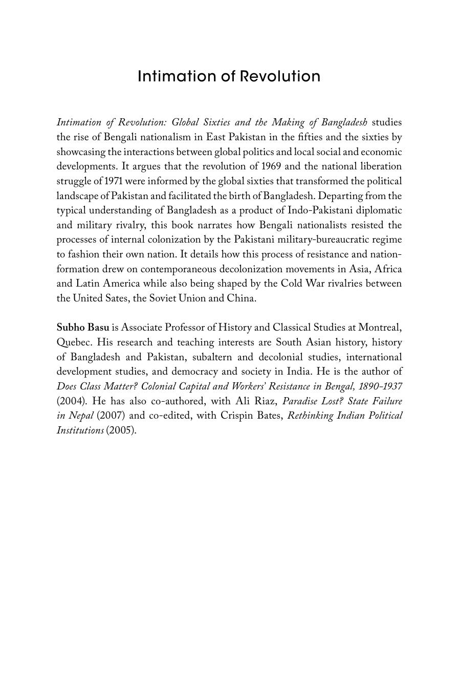 Intimation of Revolution: Global Sixties and the Making of Bangladesh by Subho Basu