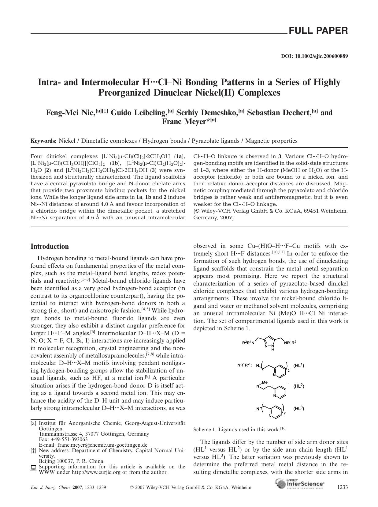 Intra- and Intermolecular HÂ·Â·Â·Cl-Ni Bonding Patterns in a Series of Highly Preorganized Dinuclear Nickel(II) Complexes by Unknown