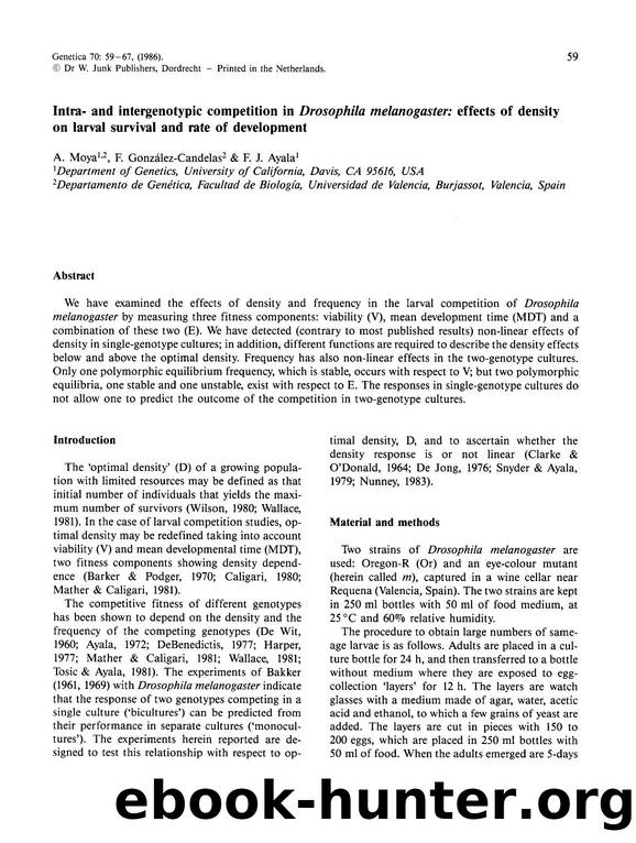 Intra- and intergenotypic competition in  <Emphasis Type="Italic">Drosophila melanogaster <Emphasis>: effects of density on larval survival and rate of development by Unknown