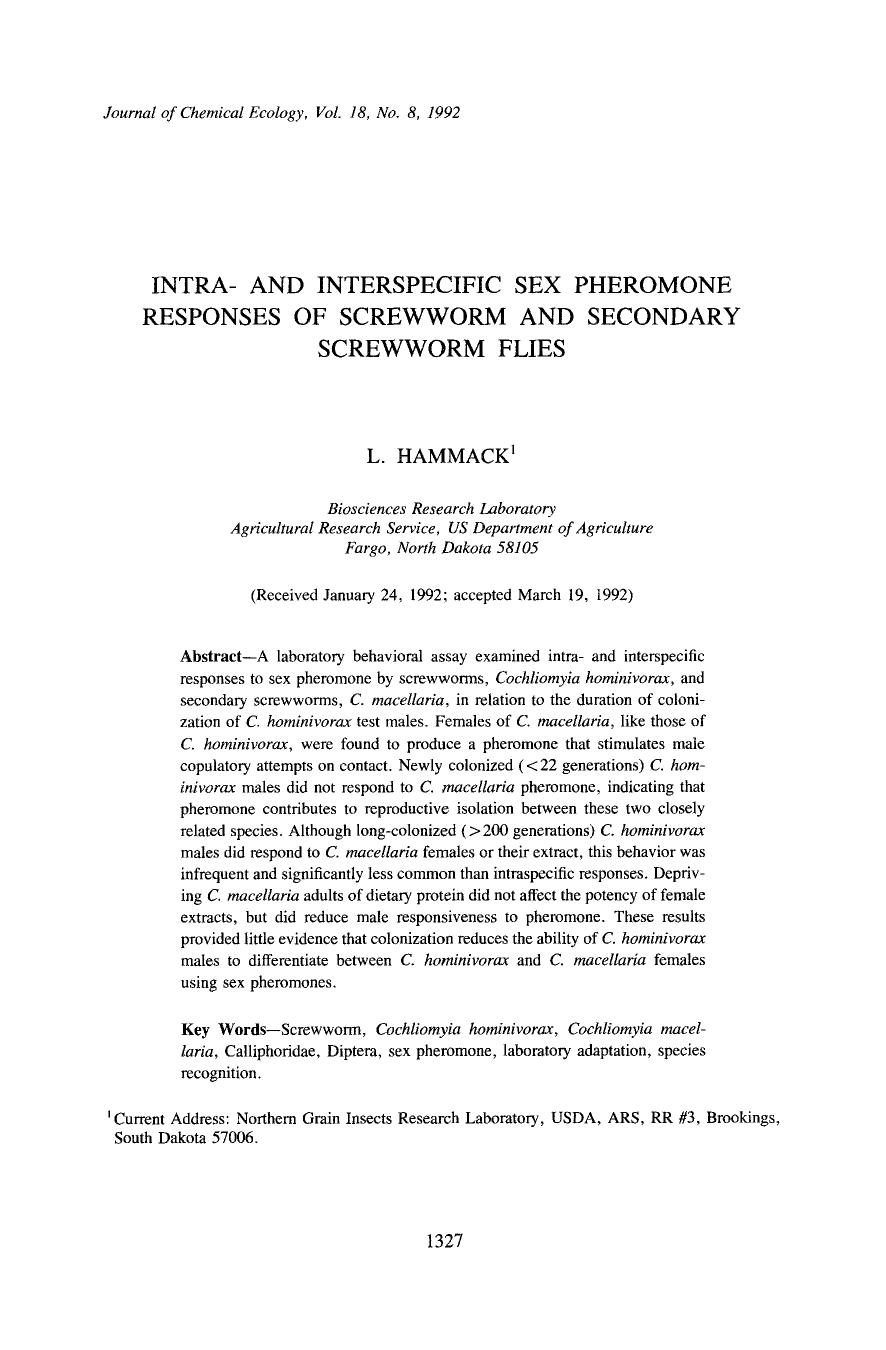 Intra- and interspecific sex pheromone responses of screwworm and secondary screwworm flies by Unknown