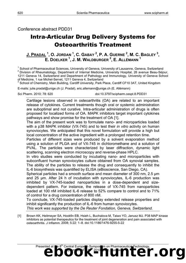 Intra-Articular Drug Delivery Systems for Osteoarthritis Treatment by unknow