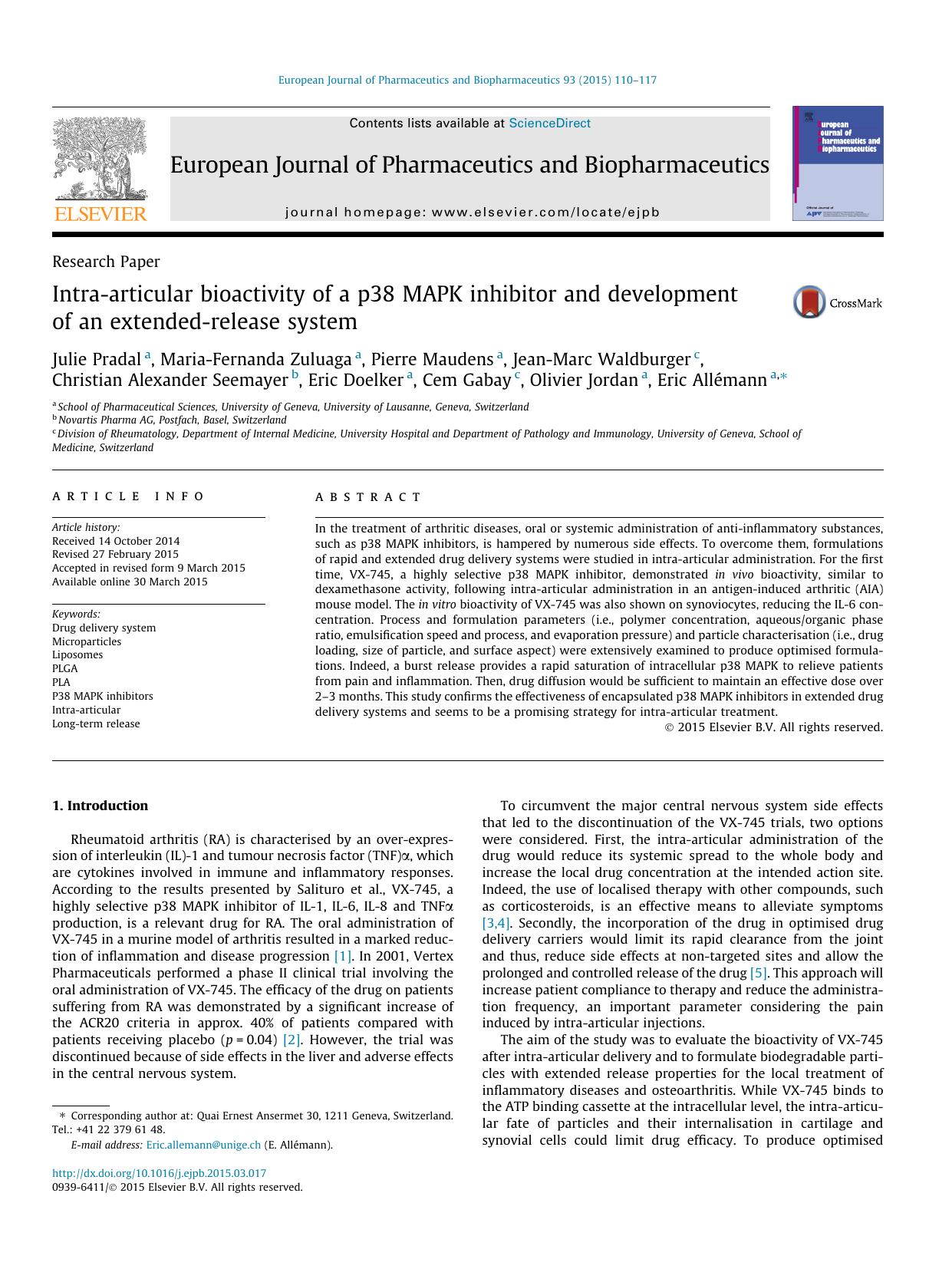 Intra-articular bioactivity of a p38 MAPK inhibitor and development of an extended-release system by unknow