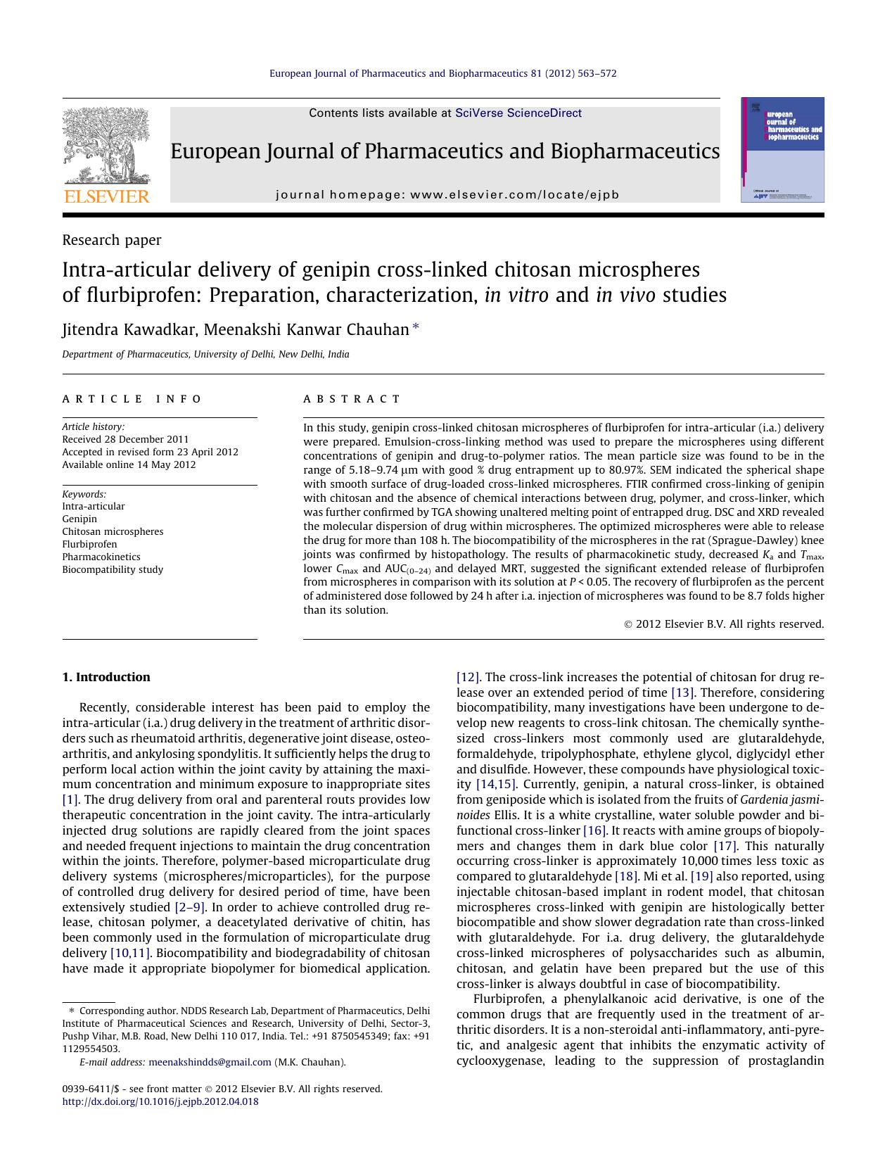 Intra-articular delivery of genipin cross-linked chitosan microspheres of flurbiprofen: Preparation, characterization, in vitro and in vivo studies by Jitendra Kawadkar & Meenakshi Kanwar Chauhan