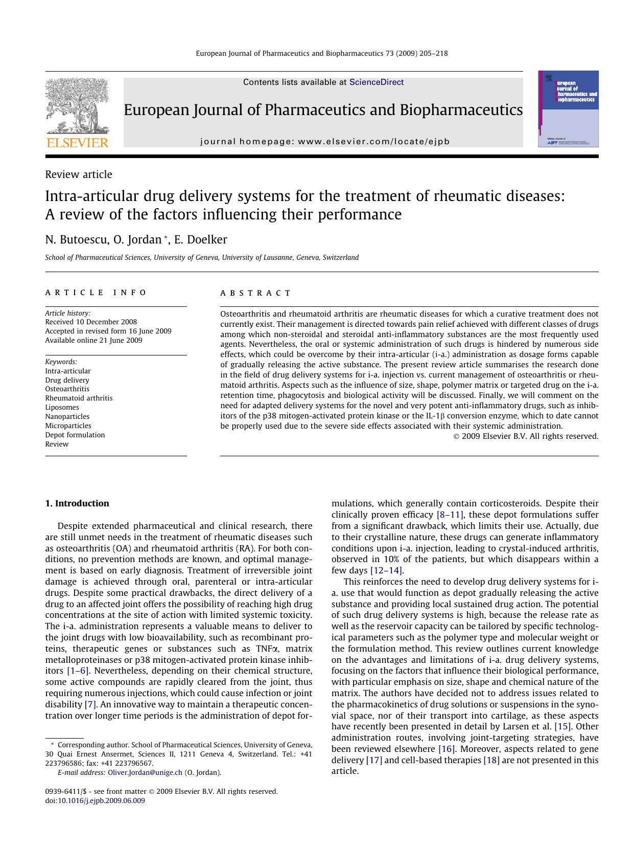 Intra-articular drug delivery systems for the treatment of rheumatic diseases: A review of the factors influencing their performance by N. Butoescu; O. Jordan; E. Doelker
