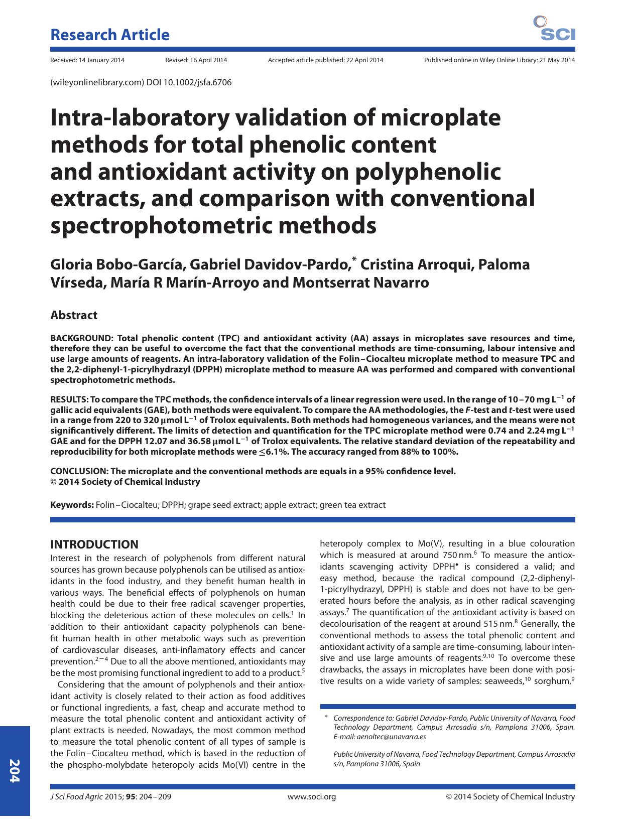 Intra-laboratory validation of microplate methods for total phenolic content and antioxidant activity on polyphenolic extracts, and comparison with conventional spectrophotometric methods by Unknown