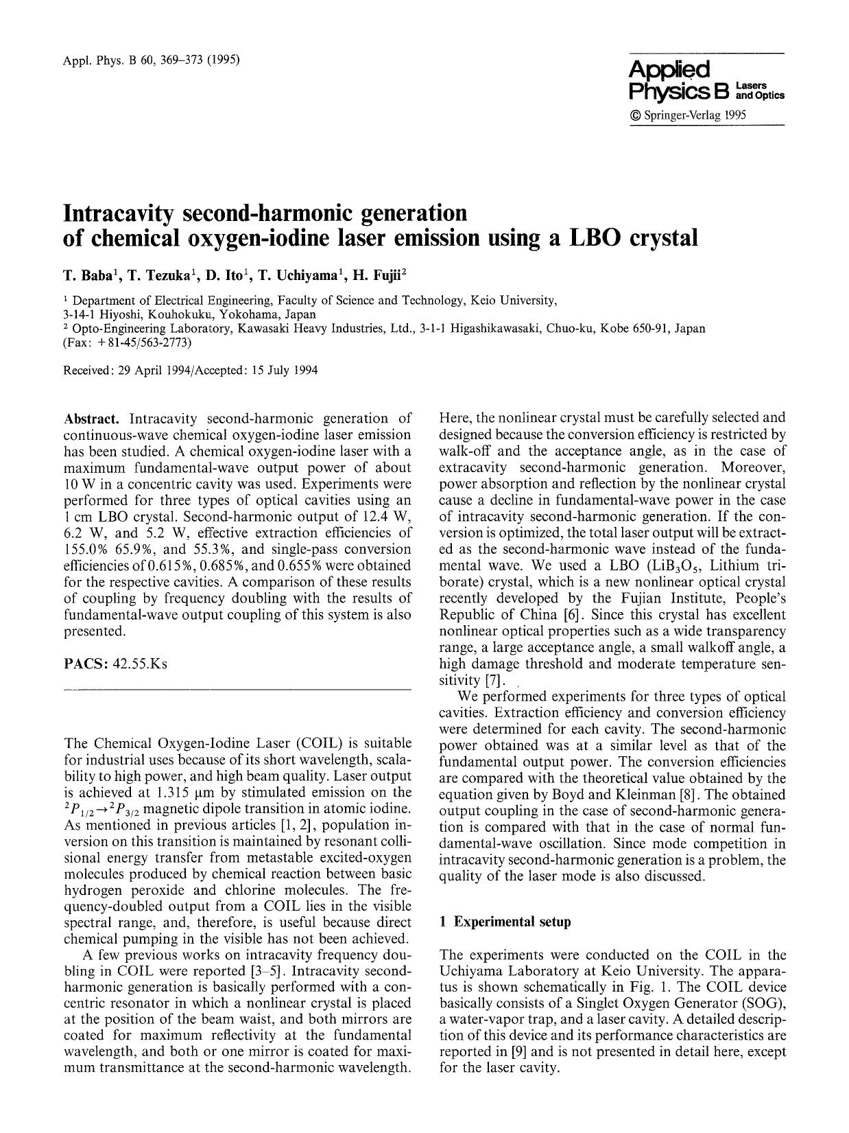 Intracavity second-harmonic generation of chemical oxygen-iodine laser emission using a LBO crystal by Unknown
