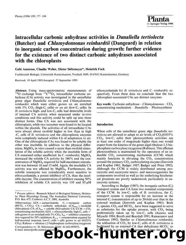Intracellular carbonic anhydrase activities in <Emphasis Type="Italic">Dunaliella tertiolecta<Emphasis> (Butcher) and <Emphasis Type="Italic">Chlamydomonas reinhardtii<Emphasis> (D by Unknown