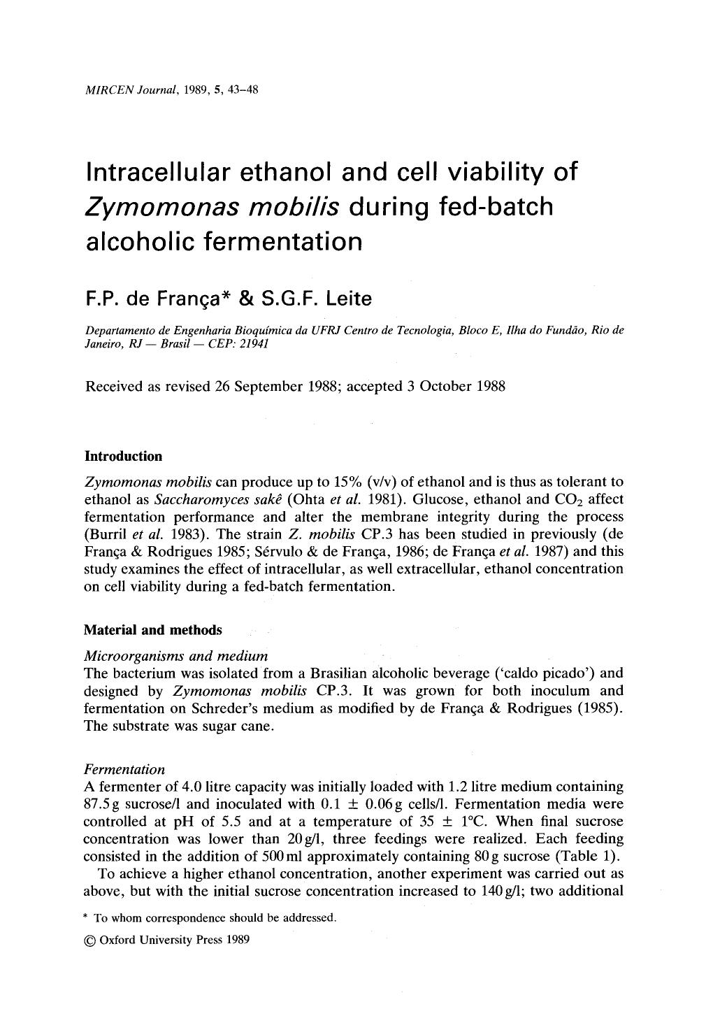 Intracellular ethanol and cell viability of <Emphasis Type="Italic">Zymomonas mobilis <Emphasis> during fed-batch alcoholic fermentation by Unknown