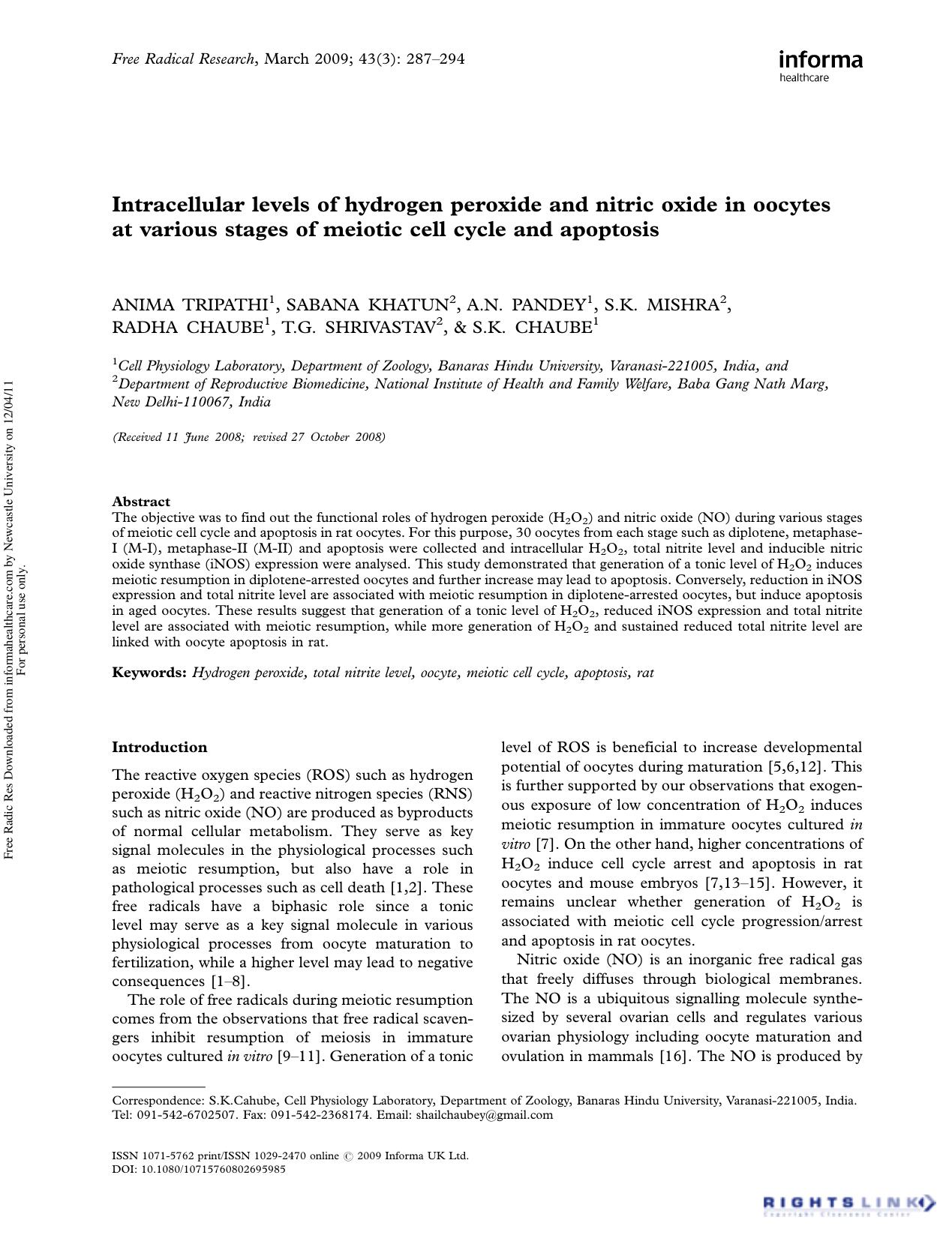 Intracellular levels of hydrogen peroxide and nitric oxide in oocytes at various stages of meiotic cell cycle and apoptosis by unknow