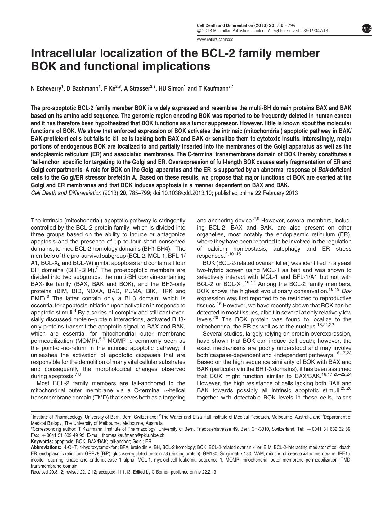 Intracellular localization of the BCL-2 family member BOK and functional implications by N Echeverry & D Bachmann & F Ke & A Strasser & H U Simon & T Kaufmann