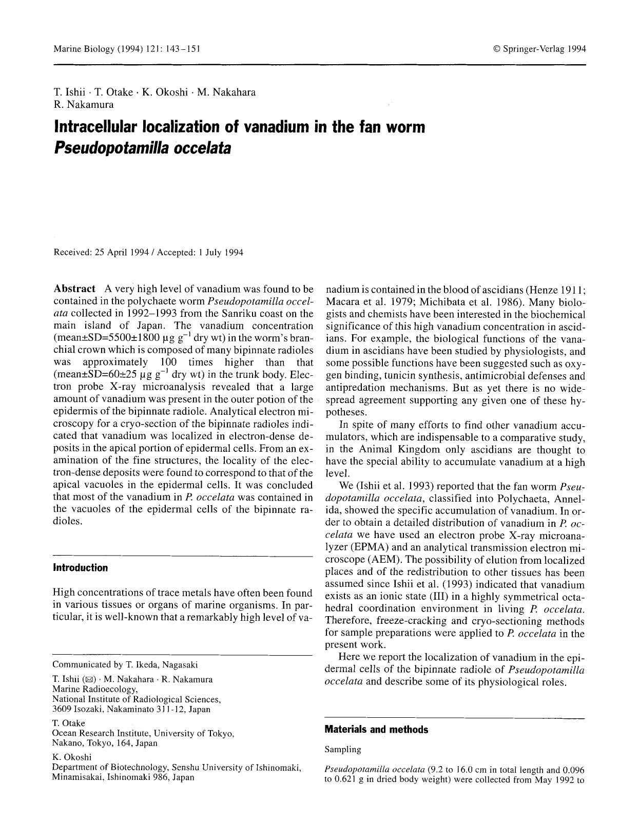 Intracellular localization of vanadium in the fan worm <Emphasis Type="Italic">Pseudopotamilla occelata<Emphasis> by Unknown