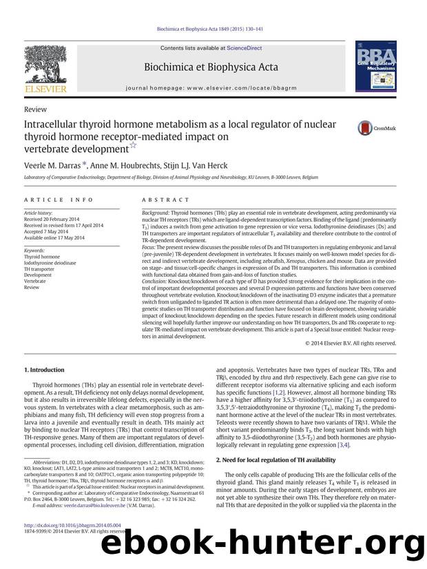 Intracellular thyroid hormone metabolism as a local regulator of nuclear thyroid hormone receptor-mediated impact on vertebrate development by Veerle M. Darras & Anne M. Houbrechts & Stijn L.J. Van Herck
