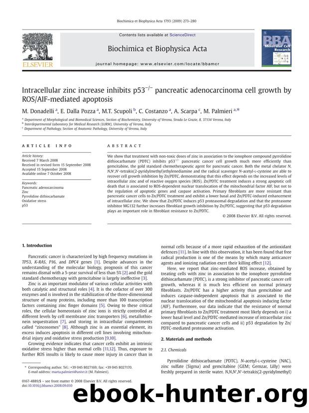 Intracellular zinc increase inhibits p53ââ pancreatic adenocarcinoma cell growth by ROSAIF-mediated apoptosis by M. Donadelli; E. Dalla Pozza; M.T. Scupoli; C. Costanzo; A. Scarpa; M. Palmieri