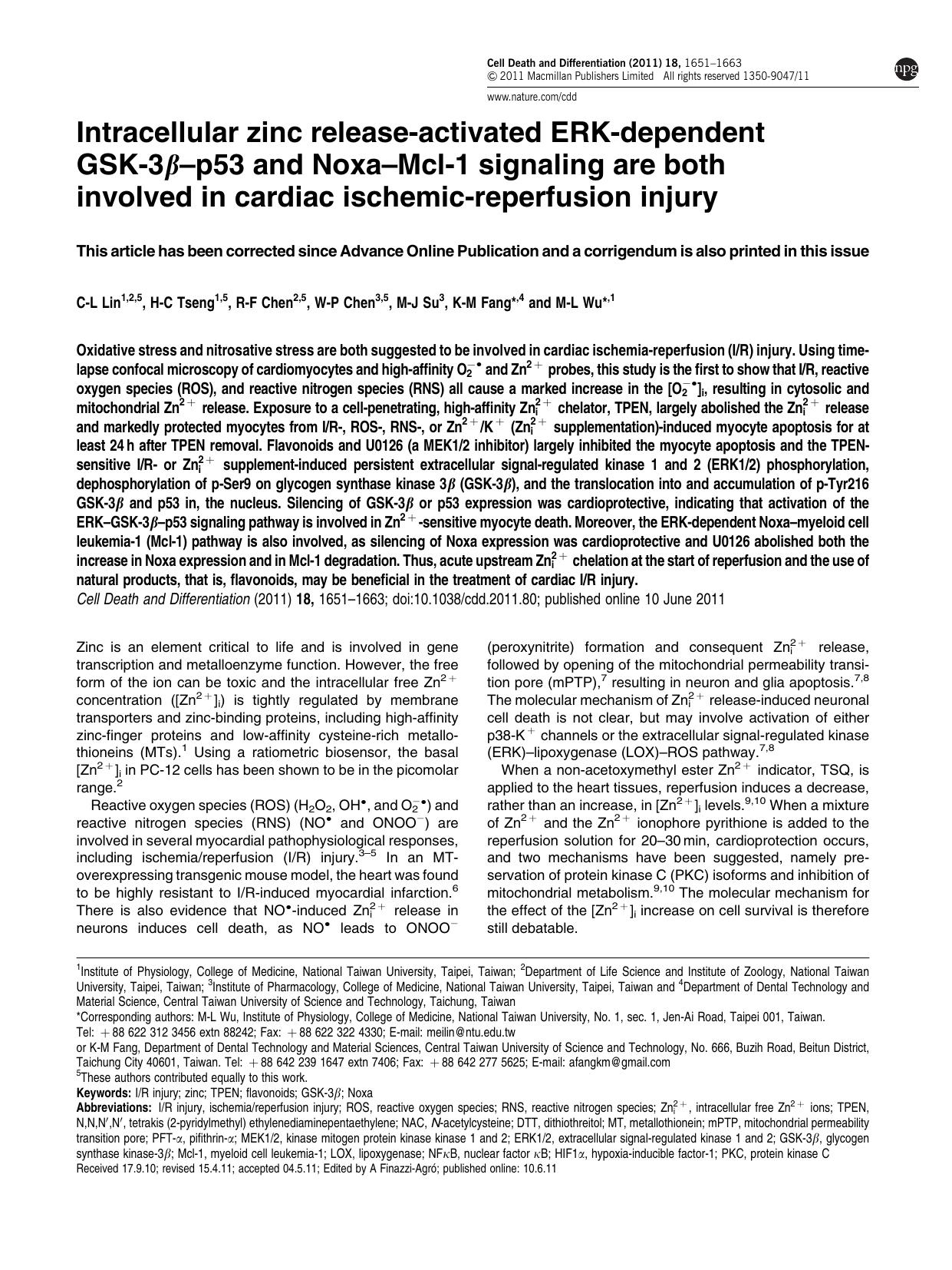 Intracellular zinc release-activated ERK-dependent GSK-3Î²âp53 and NoxaâMcl-1 signaling are both involved in cardiac ischemic-reperfusion injury by C-L Lin & H-C Tseng & W-P Chen & M-J Su & K-M Fang & R-F Chen & M-L Wu