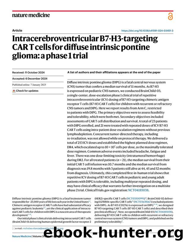 Intracerebroventricular B7-H3-targeting CAR T cells for diffuse intrinsic pontine glioma: a phase 1 trial by unknow