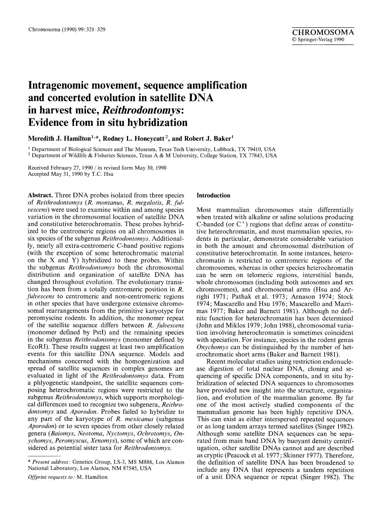 Intragenomic movement, sequence amplification and concerted evolution in satellite DNA in harvest mice, <Emphasis Type="Italic">Reithrodontomys <Emphasis>: Evidence from in situ hybridization by Unknown