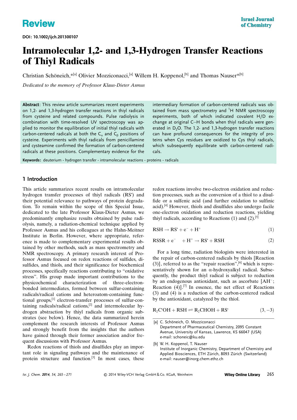 Intramolecular 1,2 and 1,3Hydrogen Transfer Reactions of Thiyl Radicals by Unknown