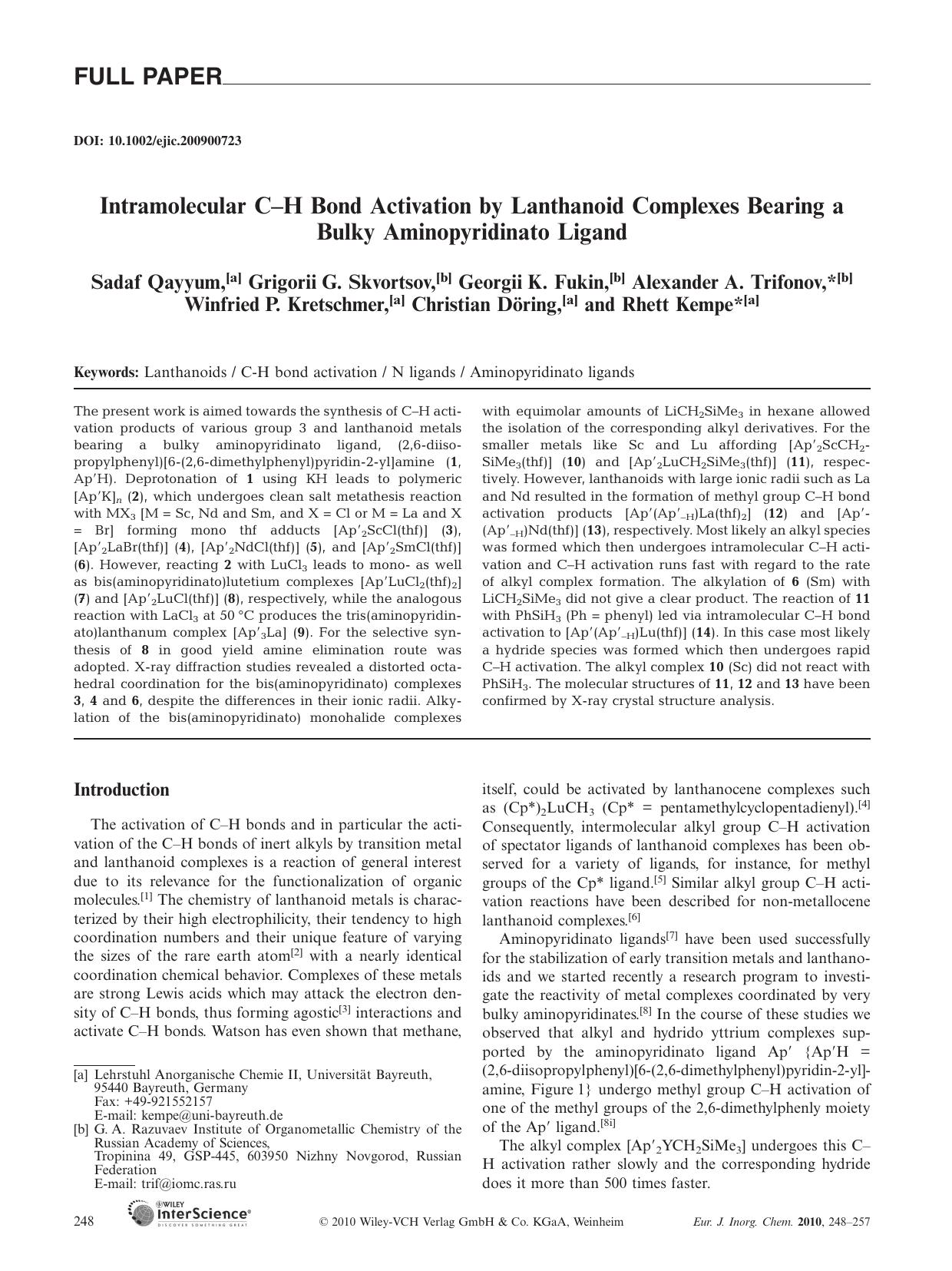 Intramolecular C-H Bond Activation by Lanthanoid Complexes Bearing a Bulky Aminopyridinato Ligand by Unknown